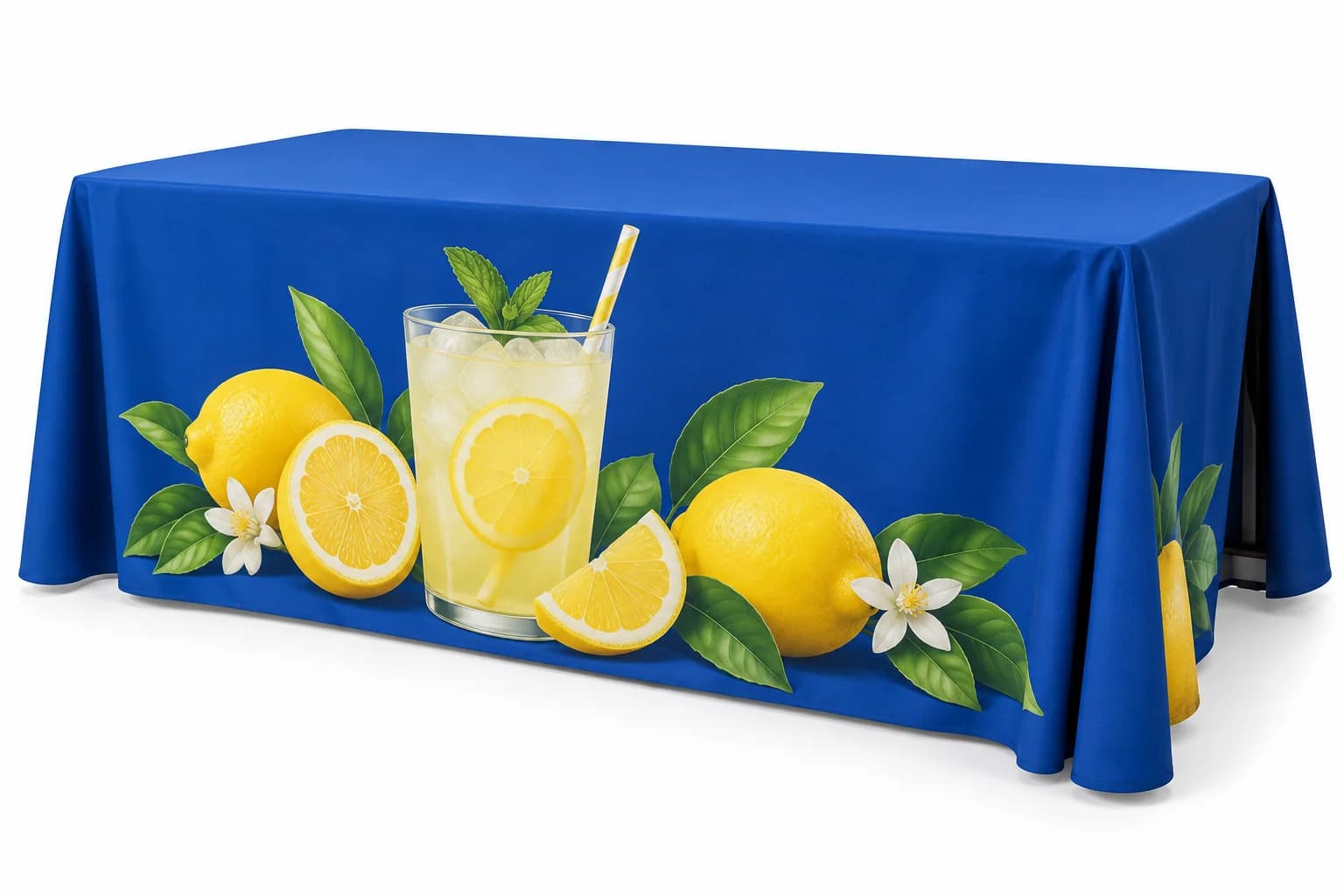 Commercial custom printed six-foot draped table cover on a clean background