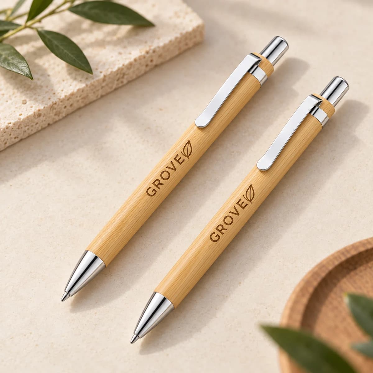 Bolígrafos de bambú natural con herrajes plateados y marca de negocio grabada en marrón oscuro