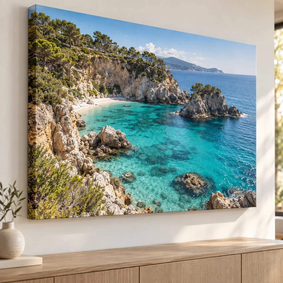 Unframed canvas print of a coastal travel photograph hanging on a wall