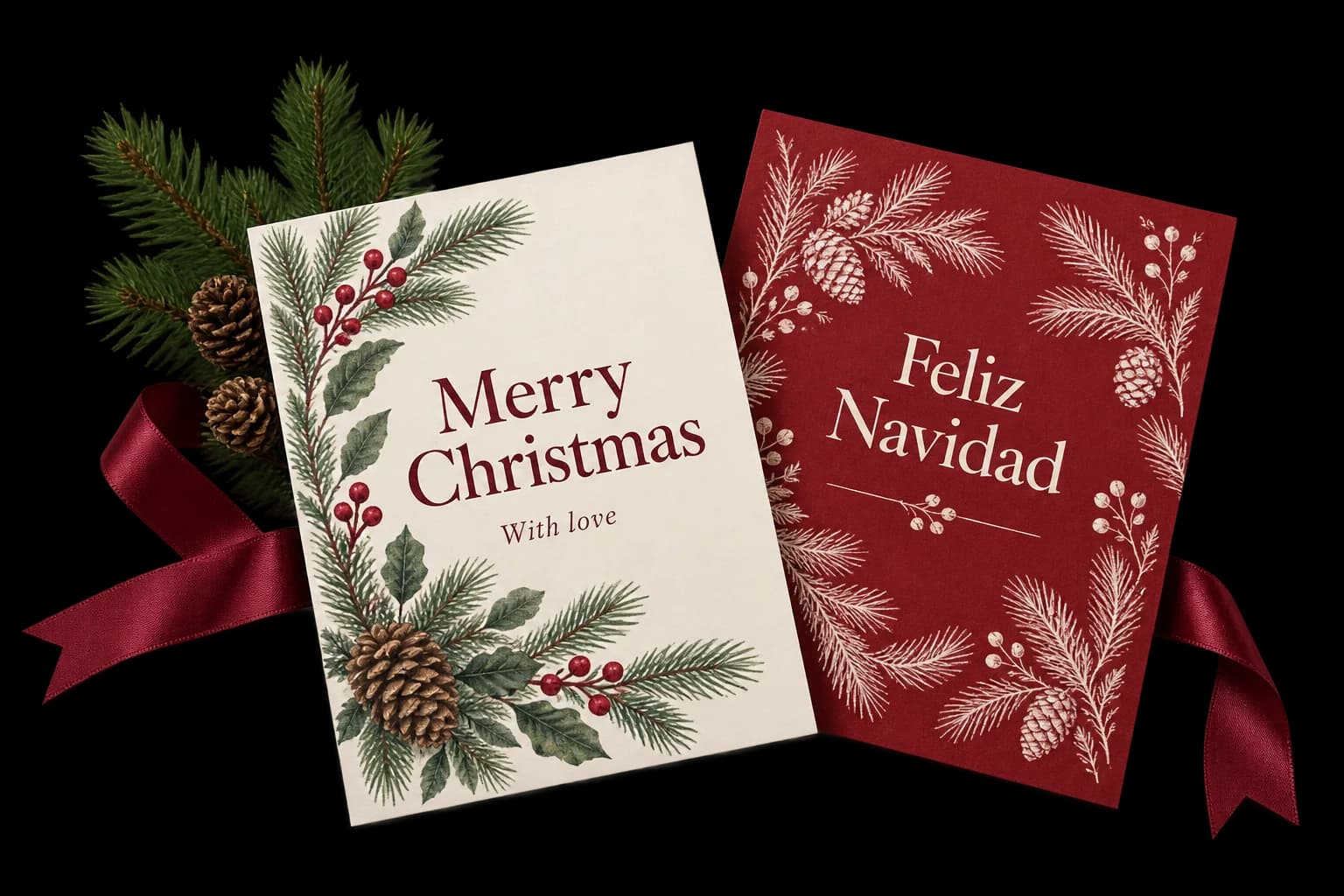 Dos tarjetas navideñas planas con saludos impresos Merry Christmas y Feliz Navidad, diseños de pino y cinta burdeos