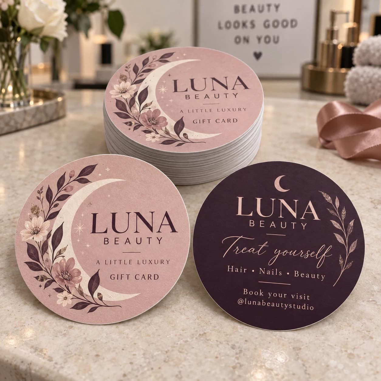 Front and back of 2-inch Circle Gift Cards with business marketing and a matching stack