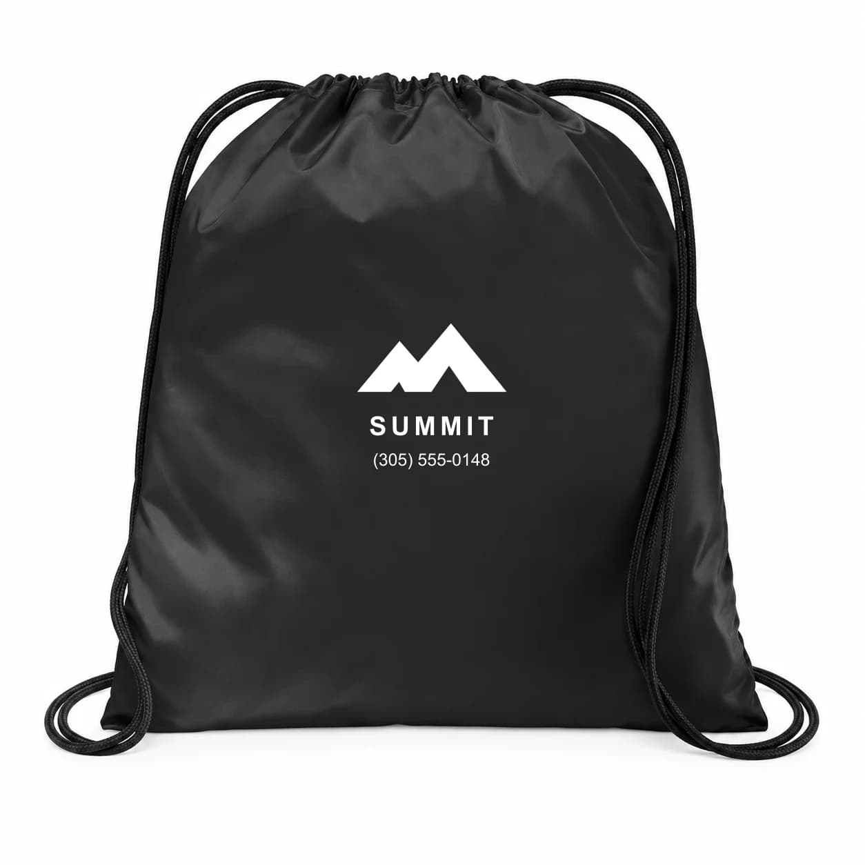 Black custom cinch bag with a centered 7 × 6 inch fictional logo and phone example