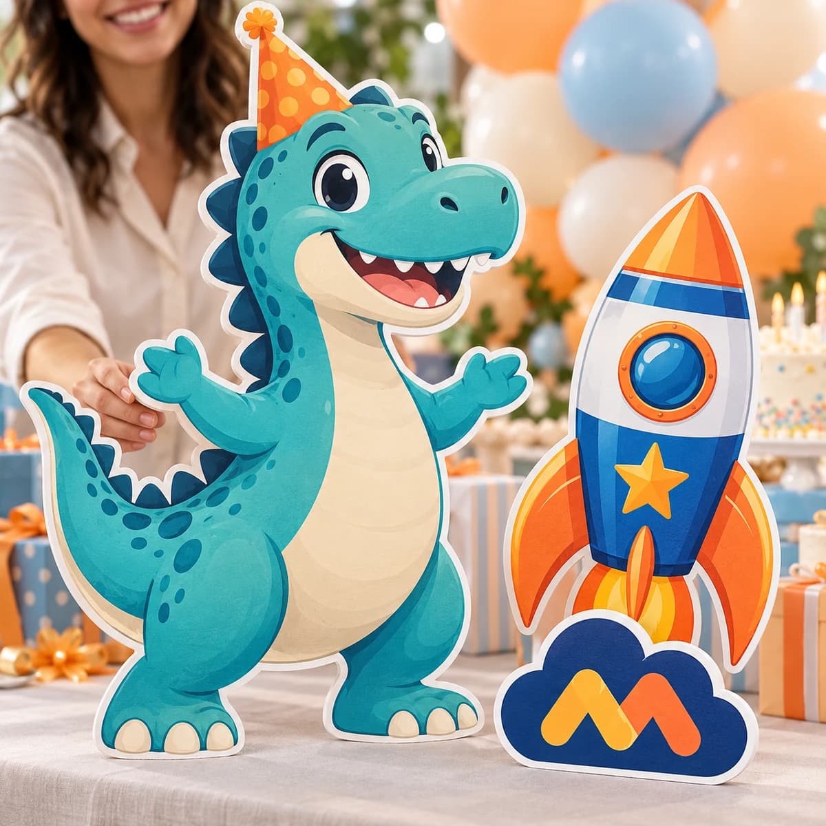 Complete dinosaur, rocket and logo-shaped foam board cutouts at an event, without bases