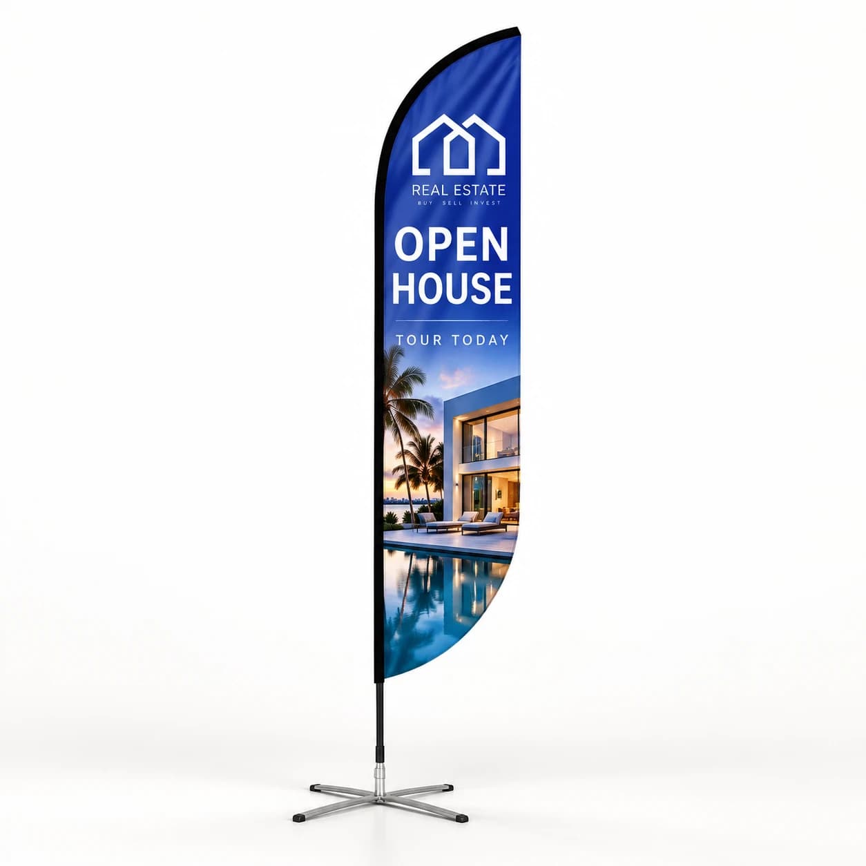 Feather convex flag advertising an Open House, with pole and cross base