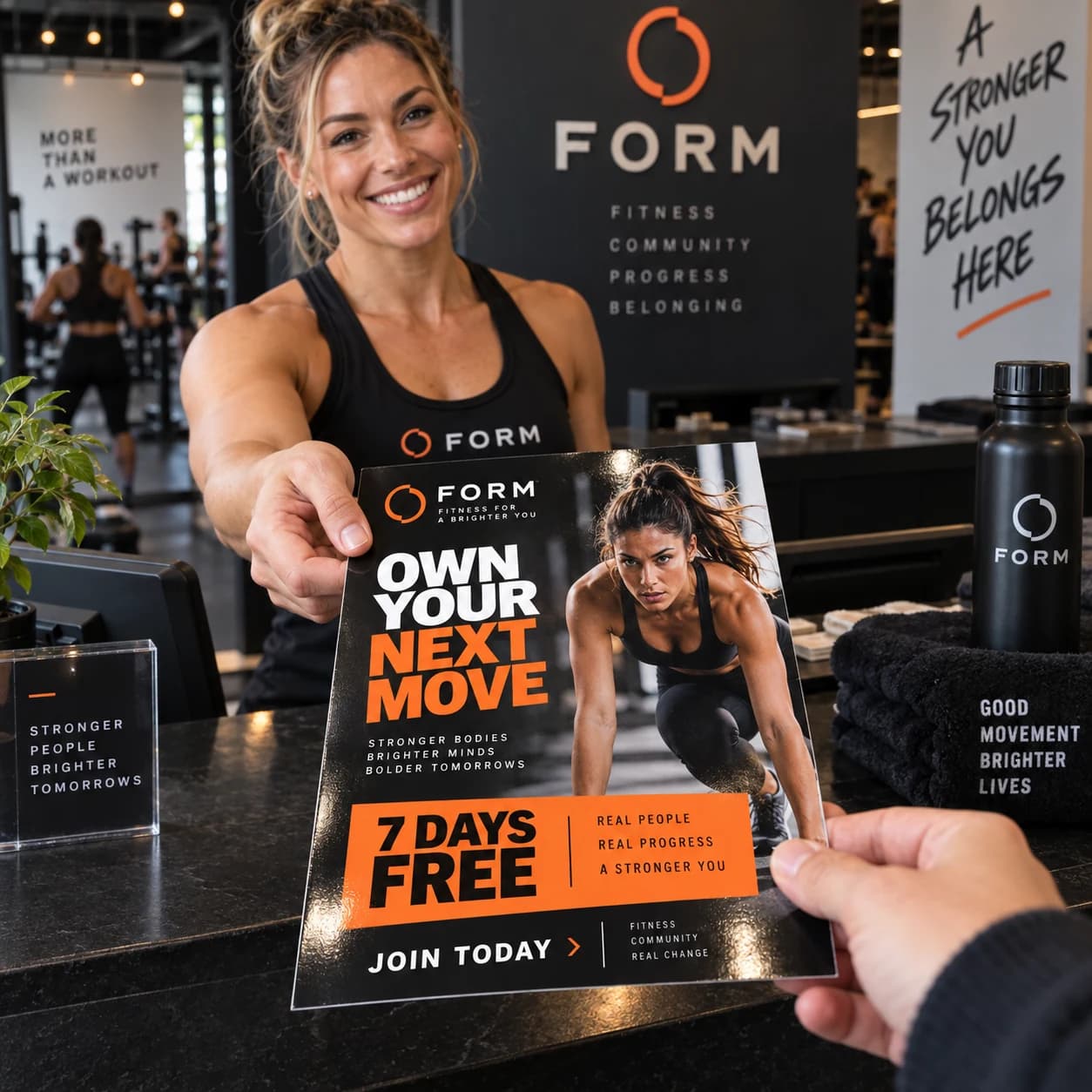 Dueña de gimnasio presentando un flyer de marca con una oferta de prueba de siete días