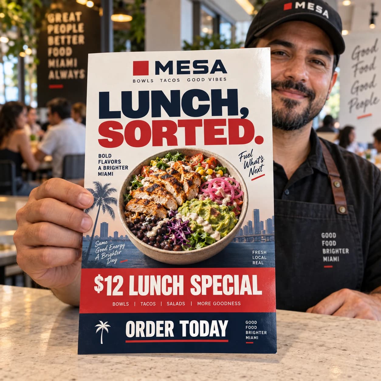 Restaurant owner holding a branded glossy flyer for a $12 lunch special