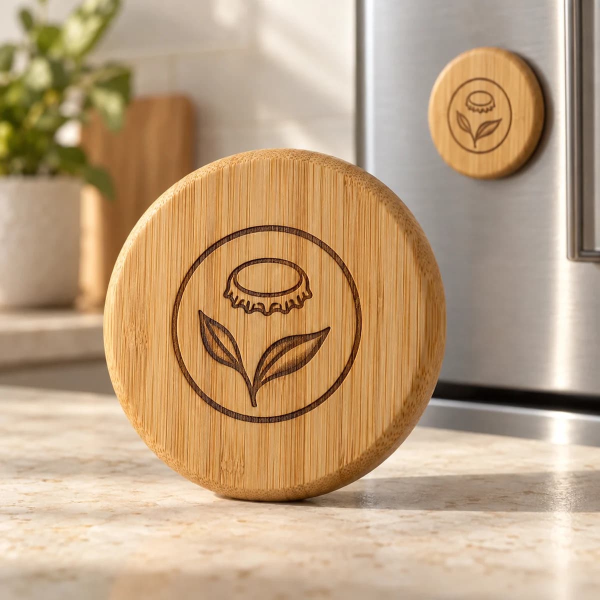 Magnetic bamboo bottle opener with botanical bottle-cap laser engraving