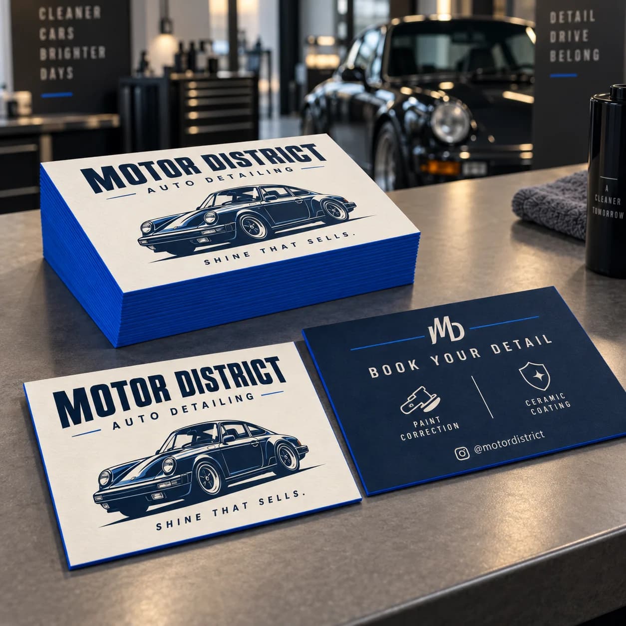 32pt business cards with blue painted edges and automotive business branding