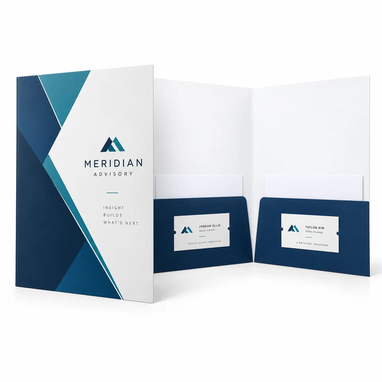 Branded presentation folder with white interior, two matching solid pockets and horizontal business card holders on both