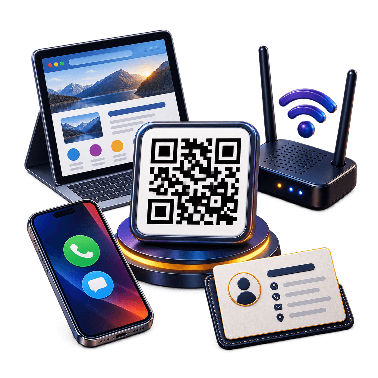 Código QR con opciones de sitio web, Wi-Fi, teléfono y contacto