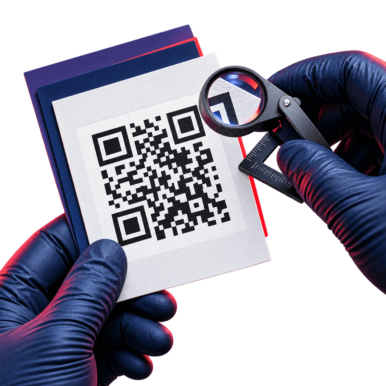 Técnico revisando el margen libre alrededor de un código QR impreso