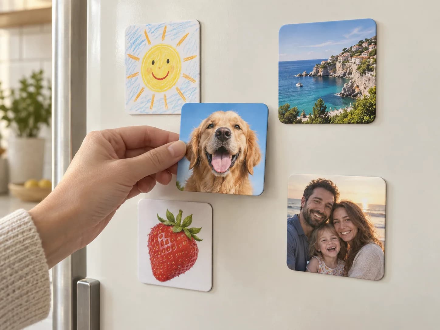 Five small rounded custom photo magnets on a refrigerator