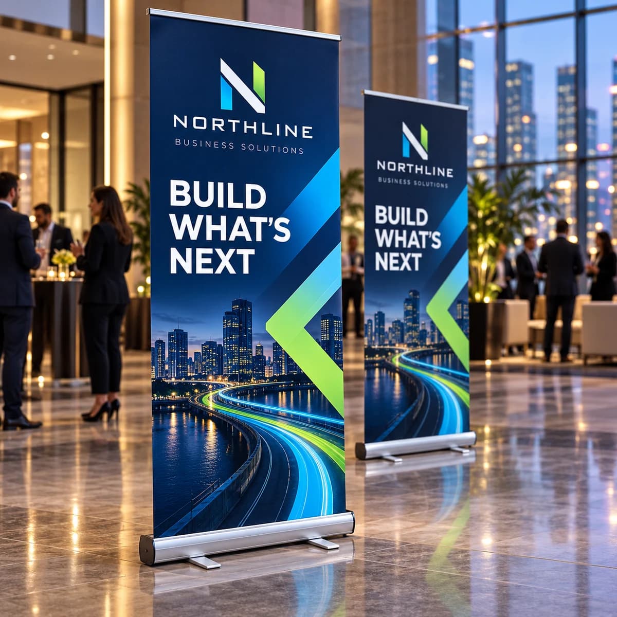 NORTHLINE branded retractable roll up banners at a corporate networking event