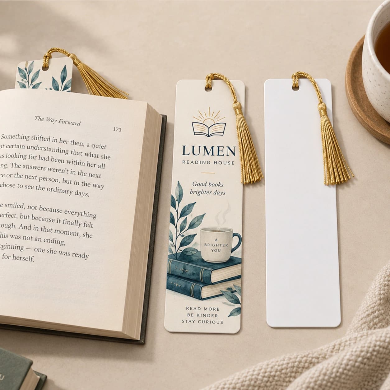 Single-sided printed bookmark and blank back with attached tassels, fully assembled