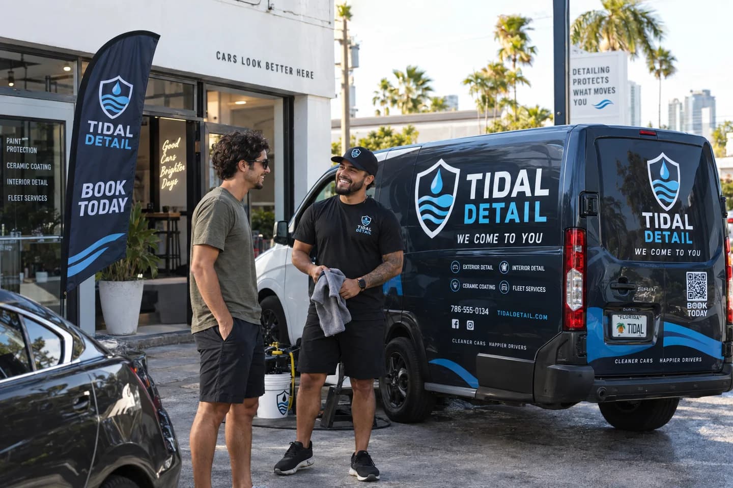 Tidal Detail owner beside a branded van and printed promotional flag