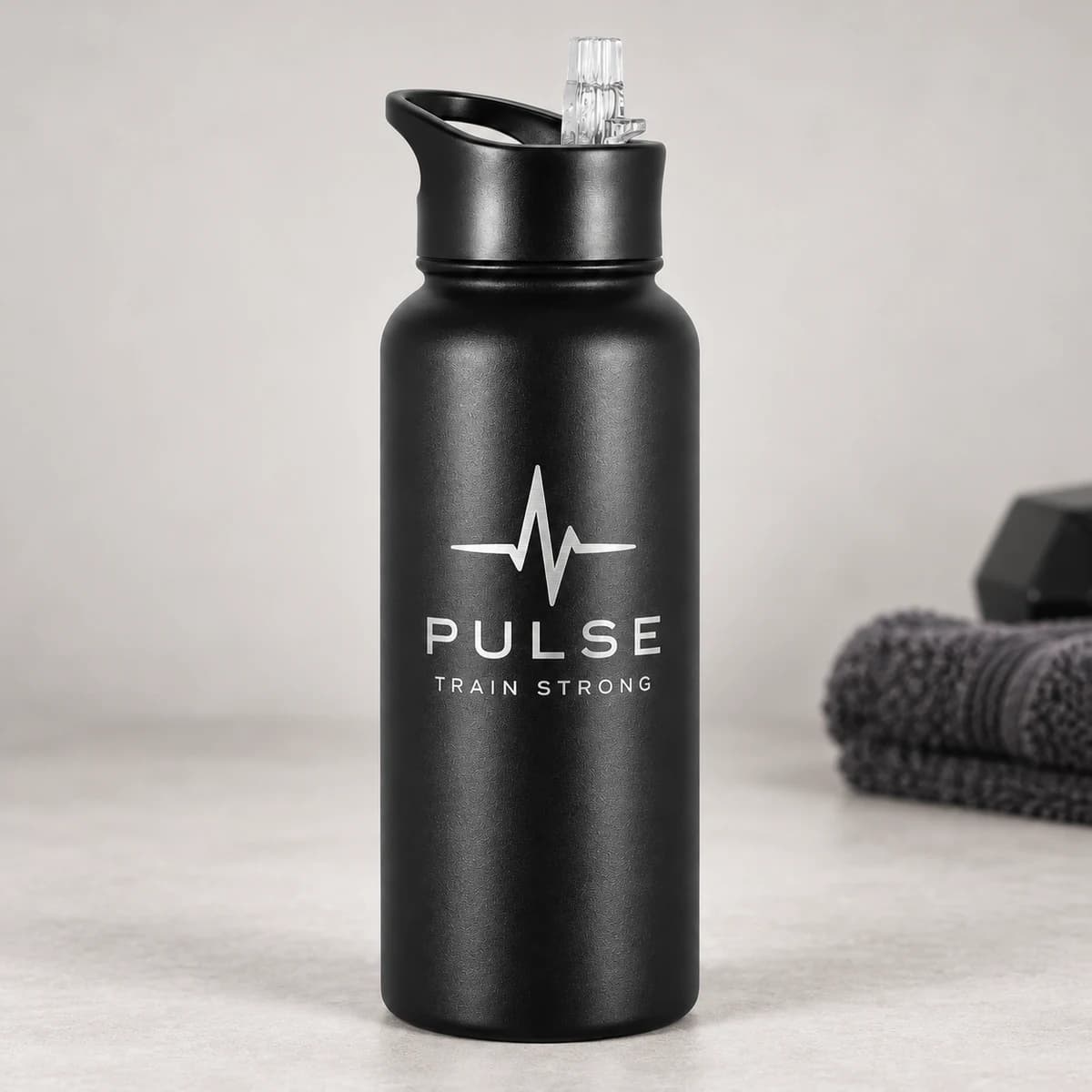 Black 32 oz stainless steel sports bottle with front metallic business engraving