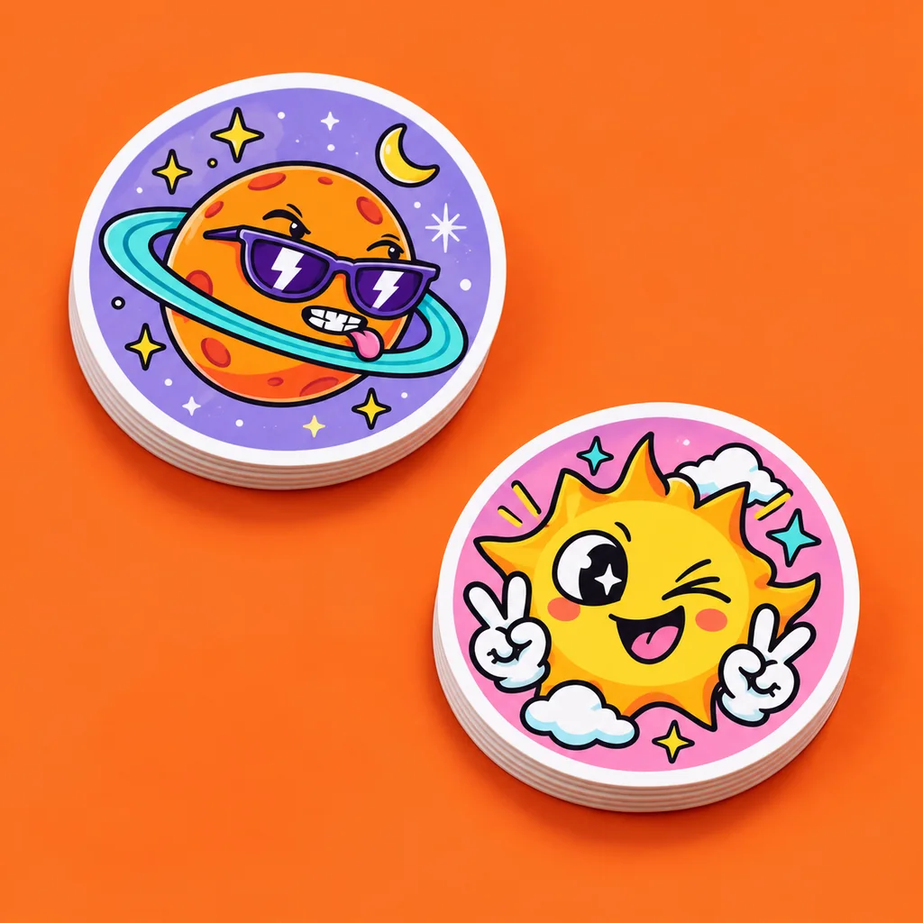 Circular planet and smiling sun stickers with clean round white borders
