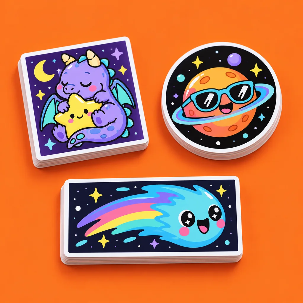 Playful dragon, planet and comet stickers in square, circle and rectangle shapes