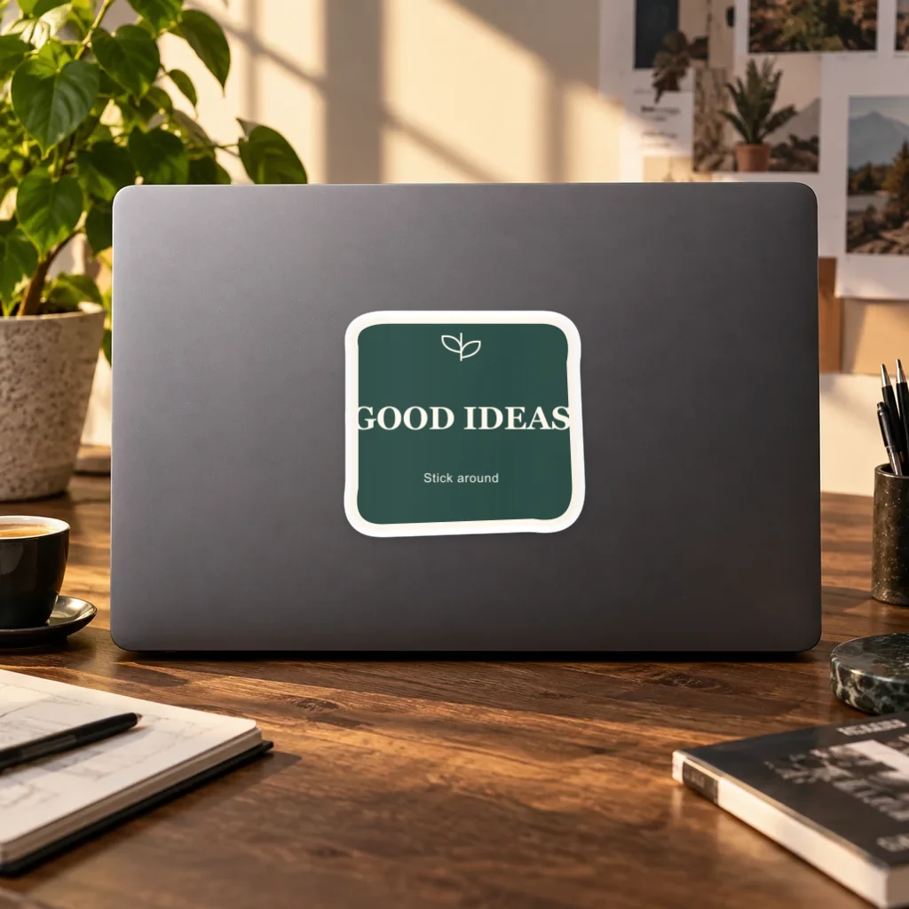 Custom waterproof die-cut sticker applied to a laptop