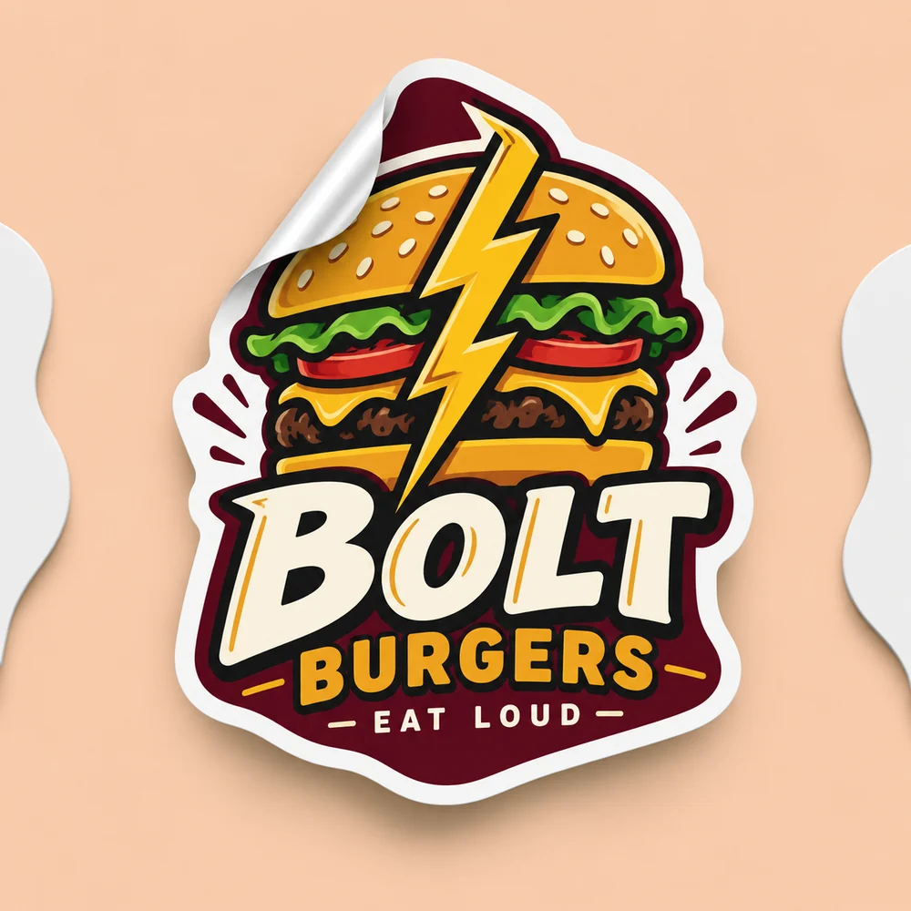 Bolt Burgers die cut brand sticker following the burger and lightning artwork