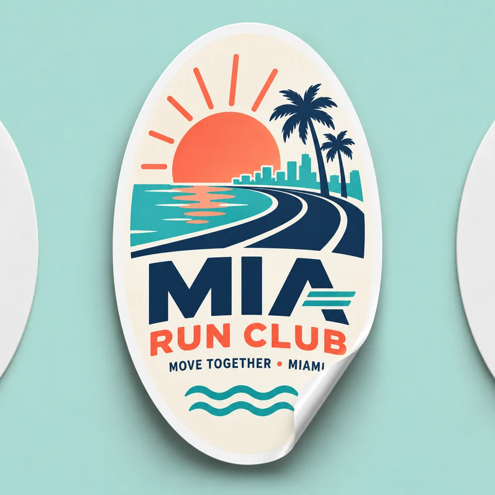 Oval MIA Run Club event sticker with a visible white cut edge
