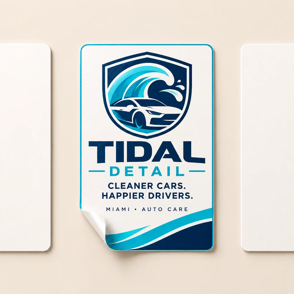 Rectangular Tidal Detail automotive brand sticker with a visible white cut edge
