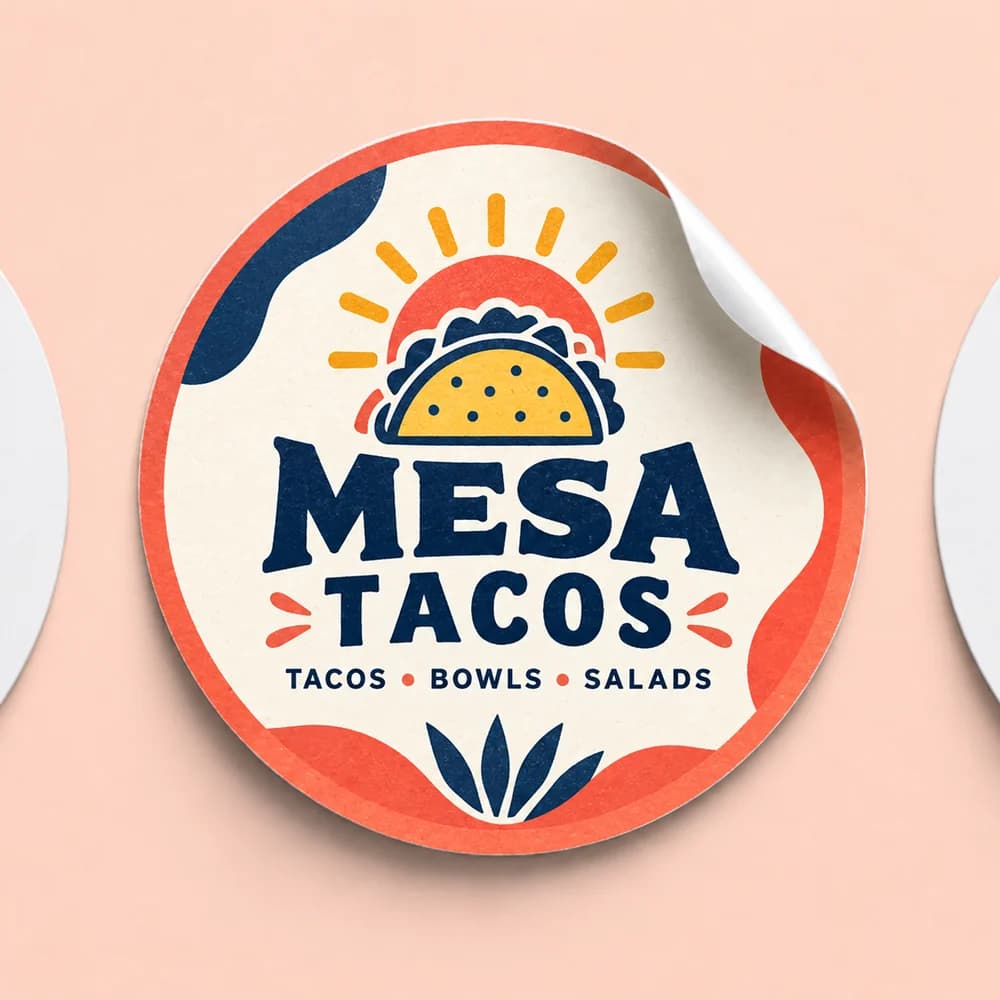 Round Mesa Tacos restaurant brand sticker with a visible white cut edge