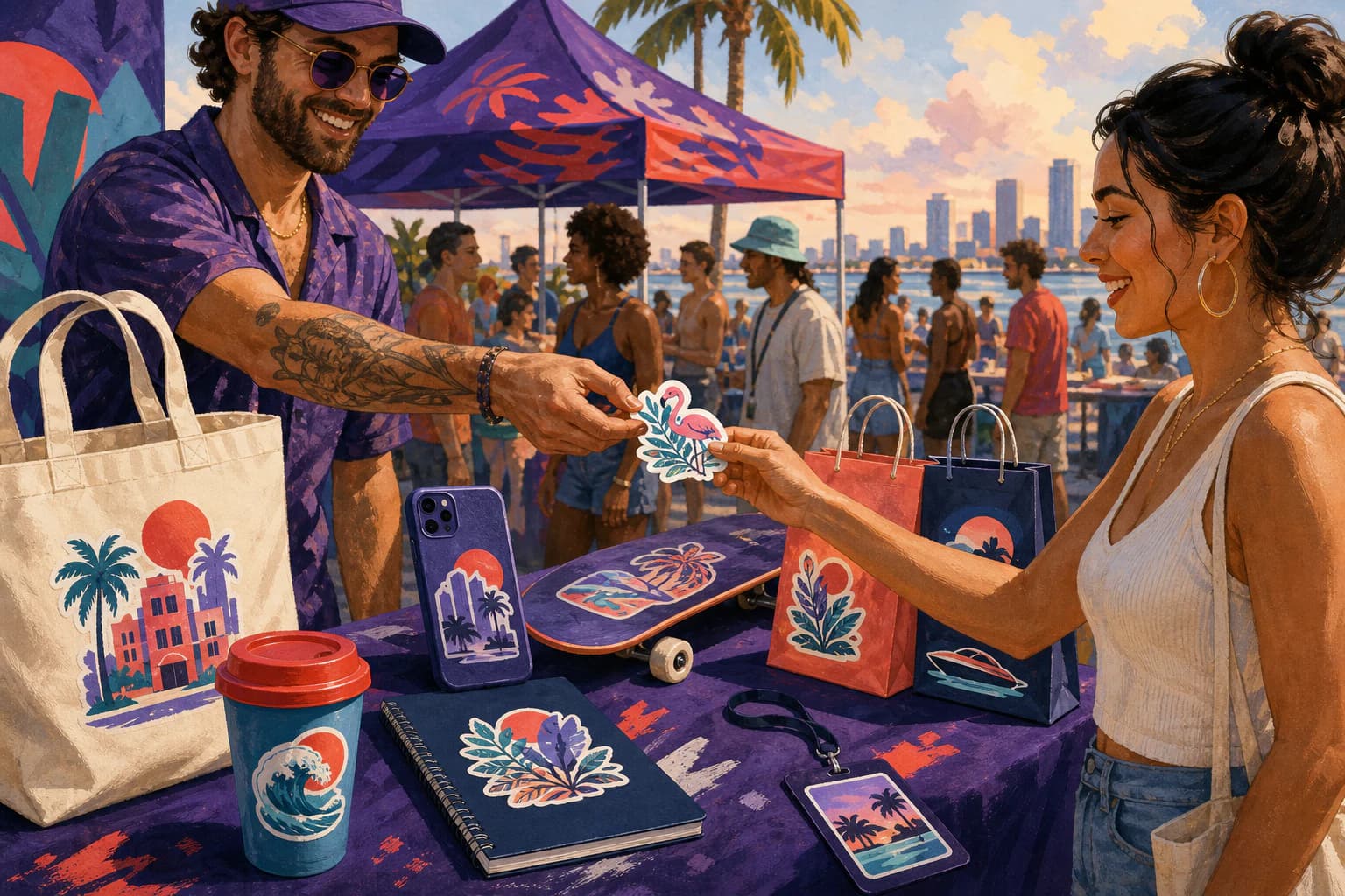 Illustrated sticker giveaway at a local Miami event