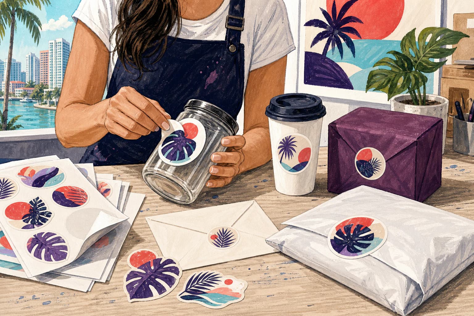 Mesa de empaque ilustrada con sticker sheets aplicados a frascos, vasos, cajas y sobres