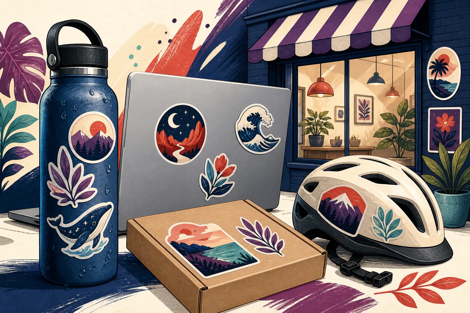 Botella, laptop, casco, caja y vitrina ilustrados con stickers personalizados