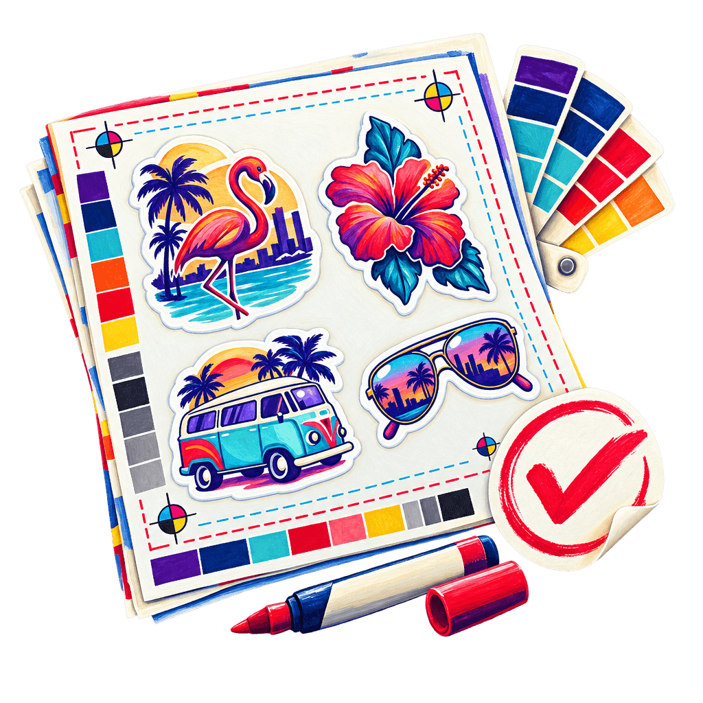 Illustrated sticker proof with bleed, safe area, and color checks