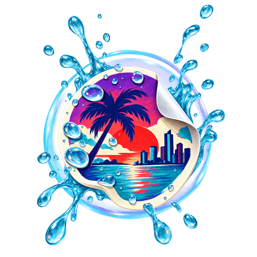 Illustrated waterproof sticker resisting rain and splashes