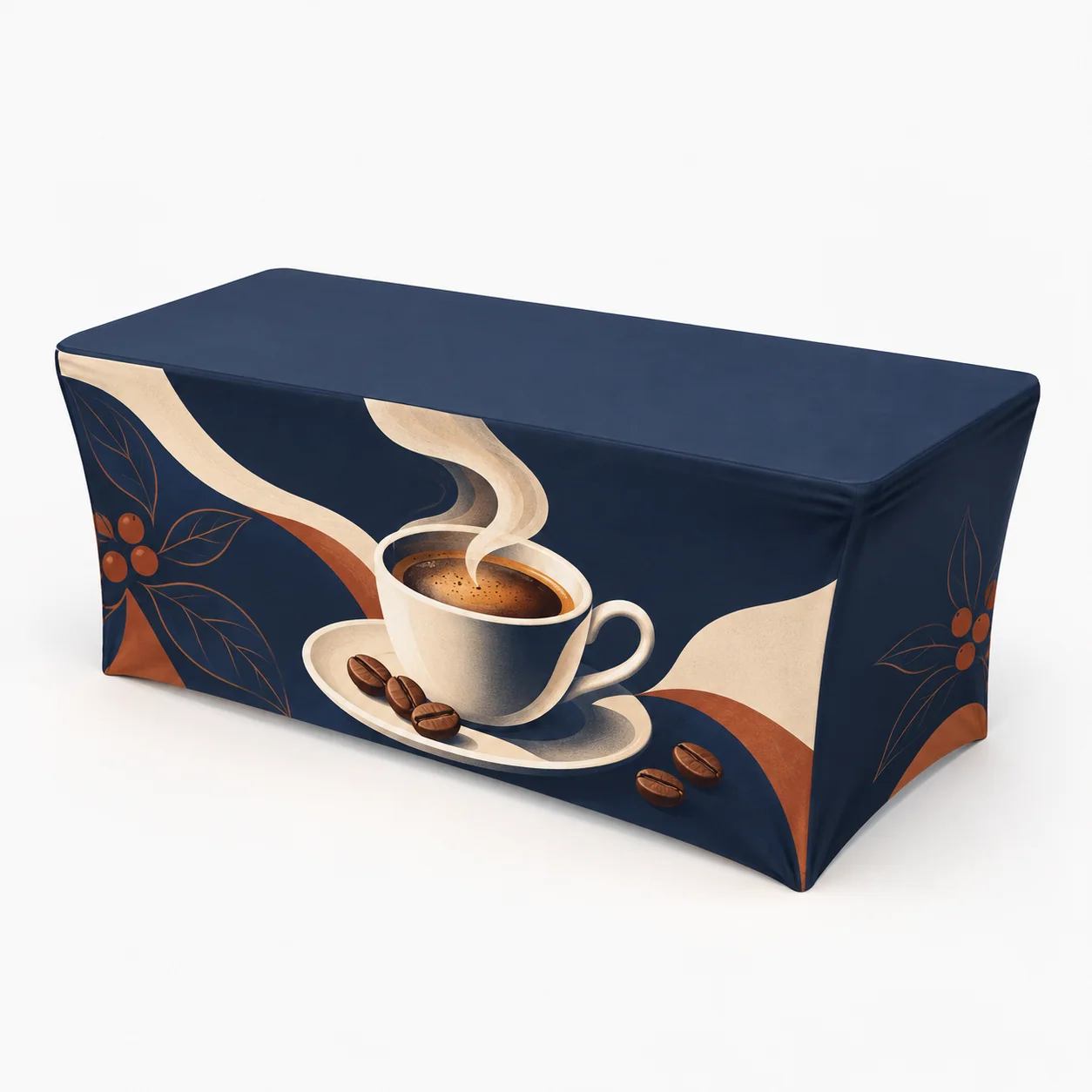Full-color fitted stretch table cover for a commercial event