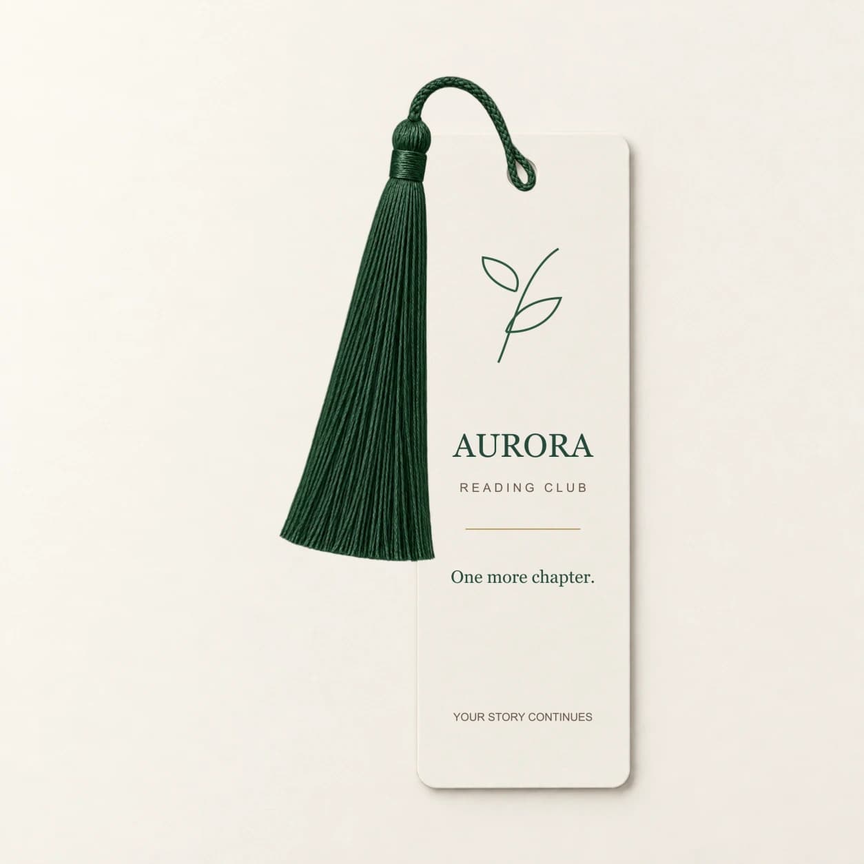 Custom 2 × 6 inch bookmark with dark green tassel and fictional reading club artwork