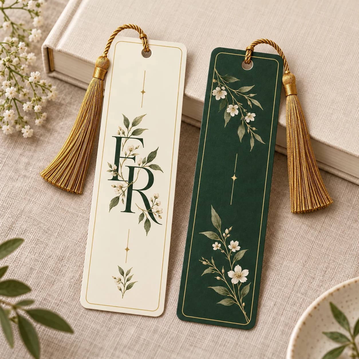 Custom front and back wedding bookmarks with gold tassels