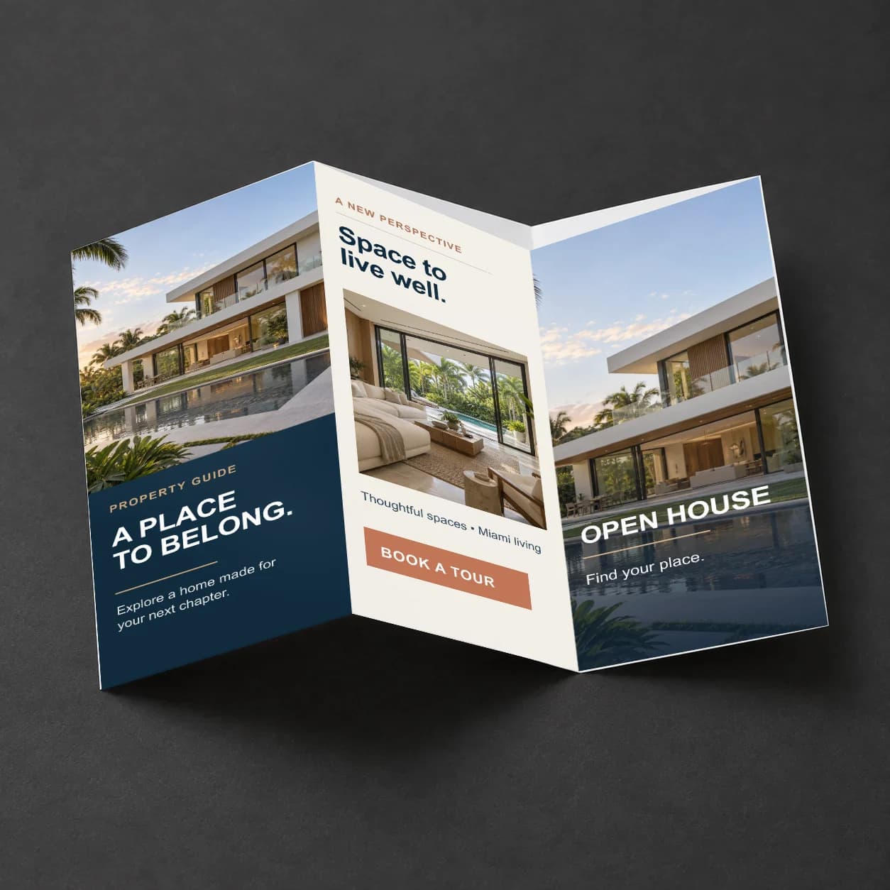 Commercial Z-fold real estate brochure promoting an open house