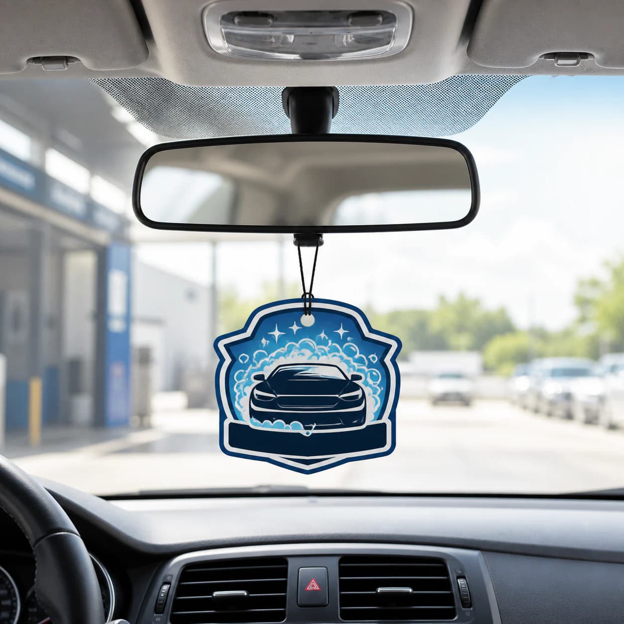 Custom die-cut car air freshener in sharp focus beneath a rear-view mirror with the car interior softly blurred