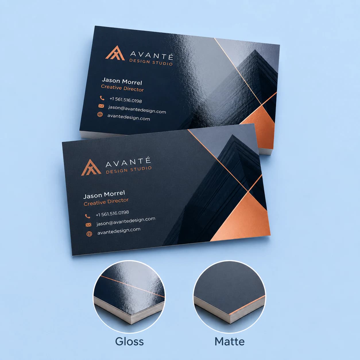 Standard business cards in gloss and matte finishes