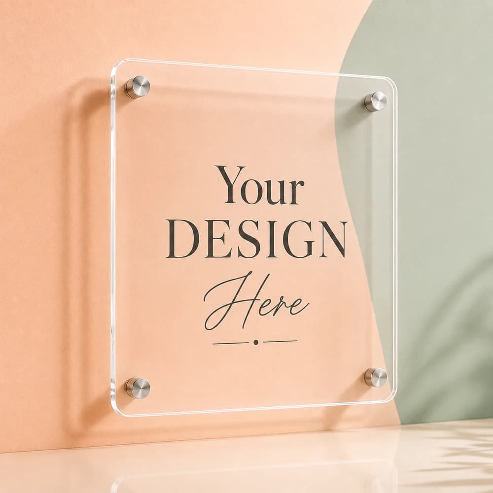 Clear custom acrylic sign mounted on a wall