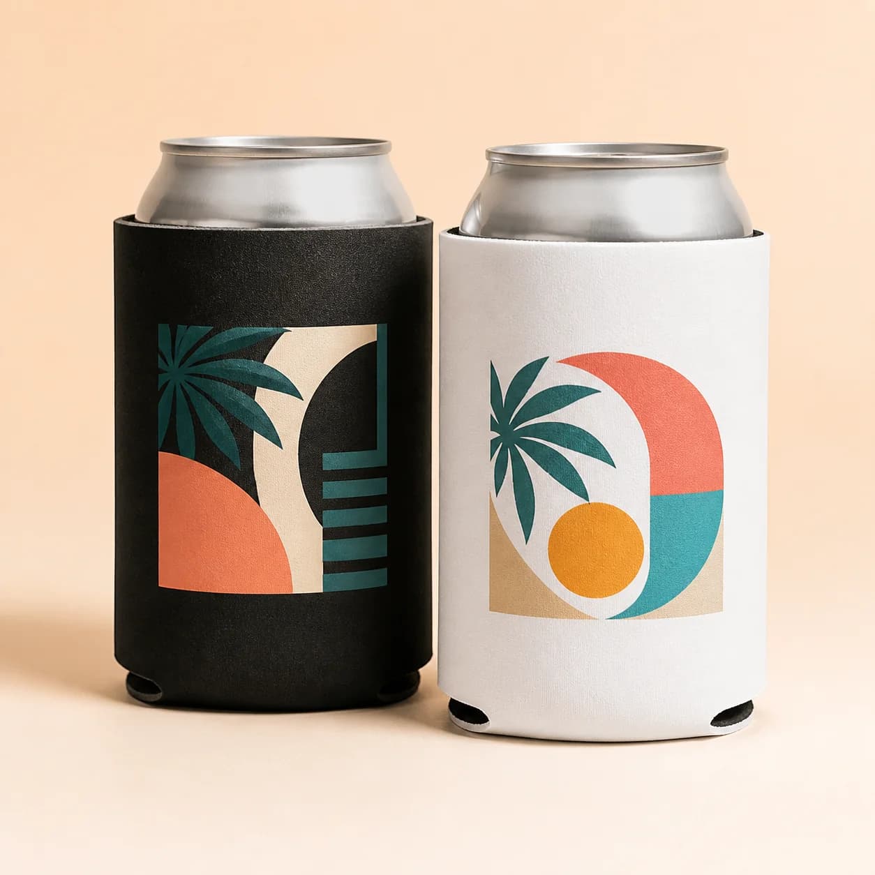 Black and white custom can koozies with full-color business branding