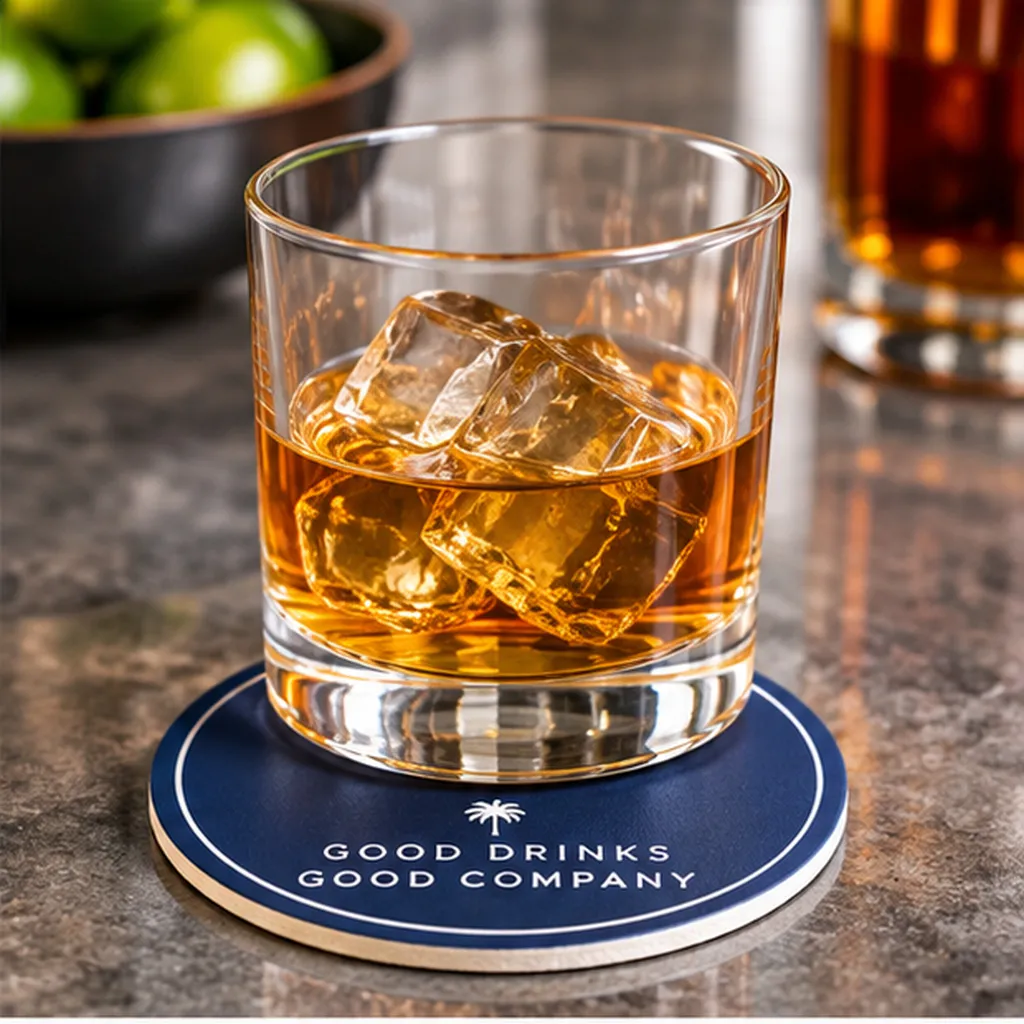 Whiskey glass on a navy blue custom round coaster reading Good Drinks Good Company