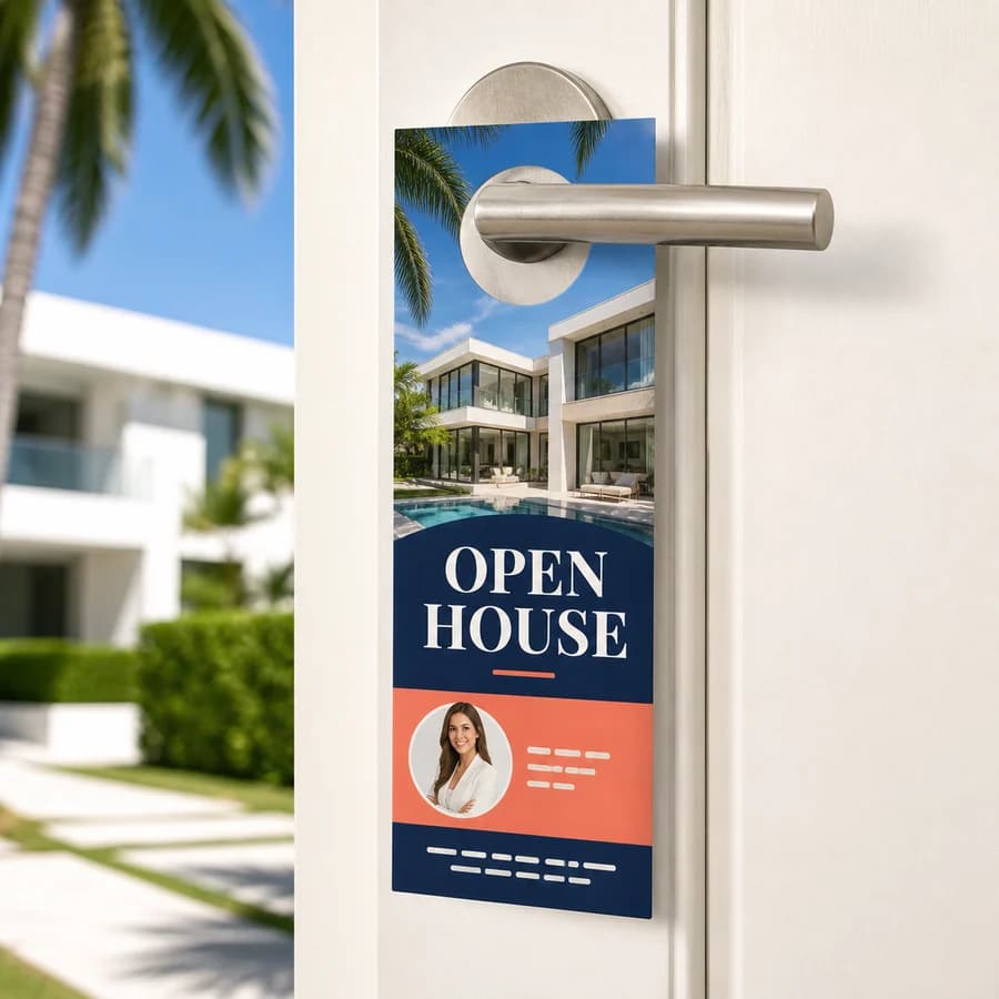Commercial custom door hanger advertising an open house in Miami