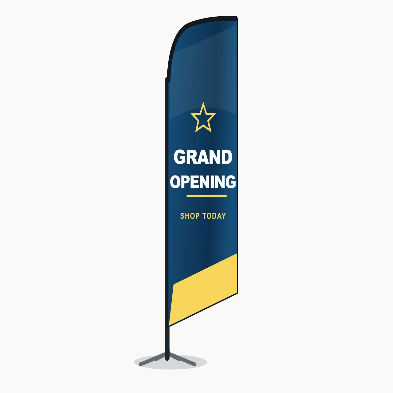 Single custom feather angled flag on a cross base against a clean white background