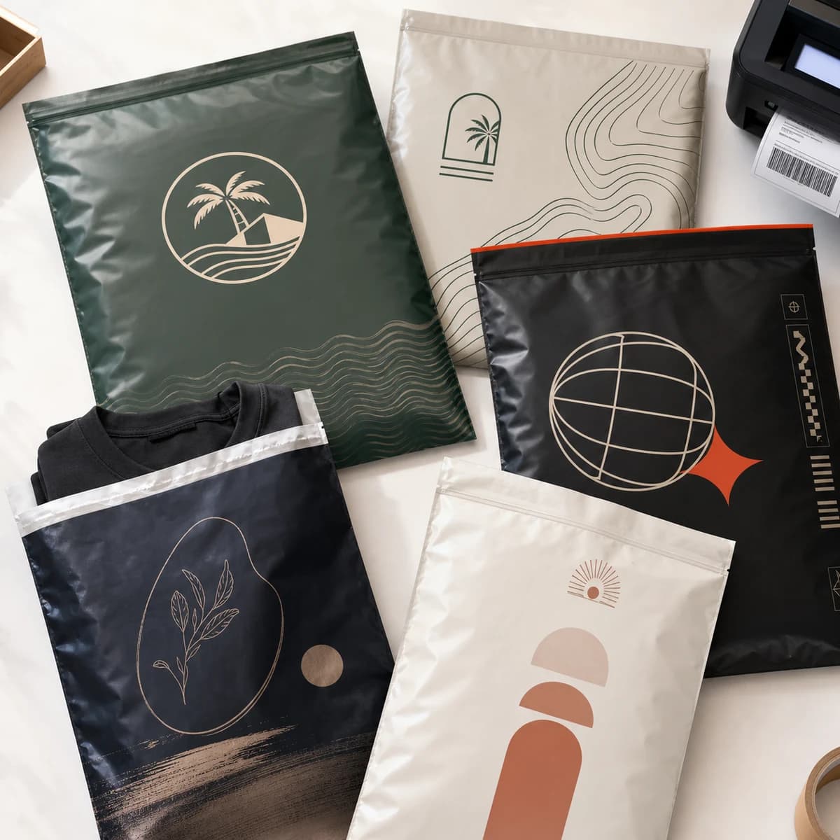 Custom printed poly mailers used to pack apparel for ecommerce shipping