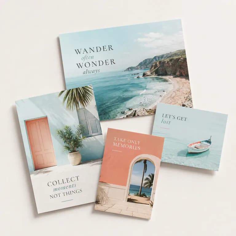 Custom postcards displayed in several finished sizes