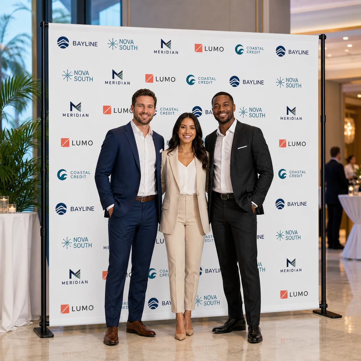Custom 8 by 8 foot step and repeat backdrop at a branded business event