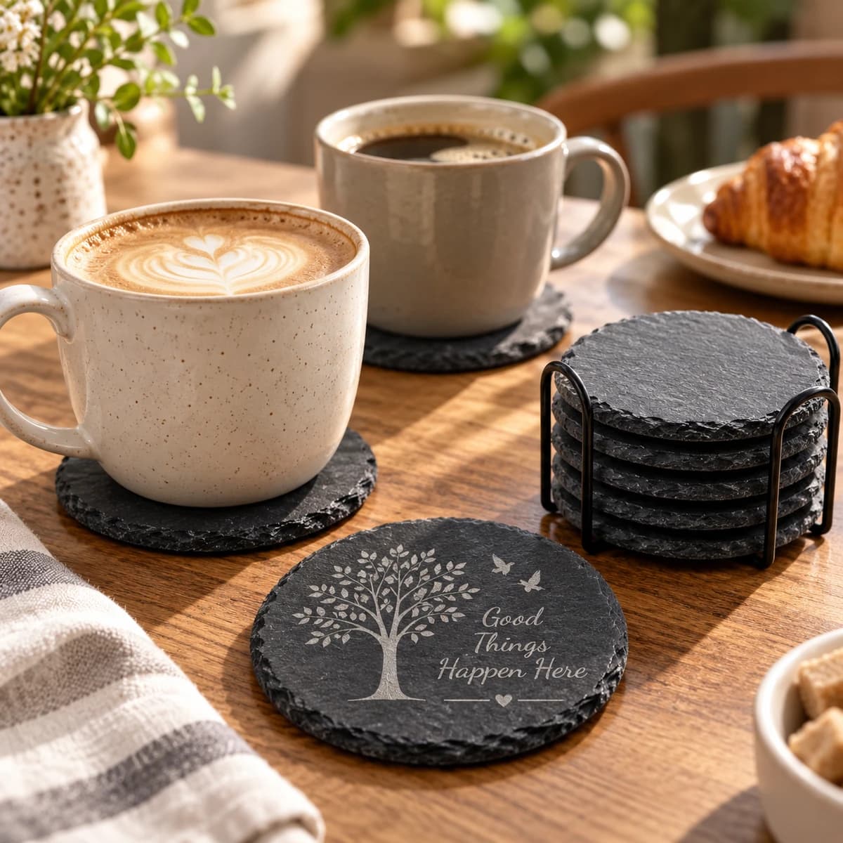 Coffee cups on slate stone coasters with a stack of custom round coasters