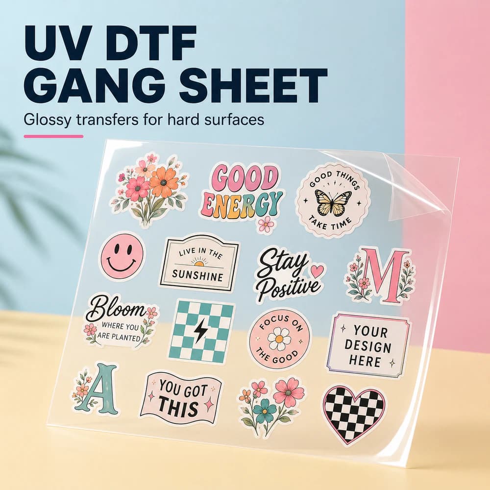 Glossy UV DTF gang sheet for hard-surface transfers