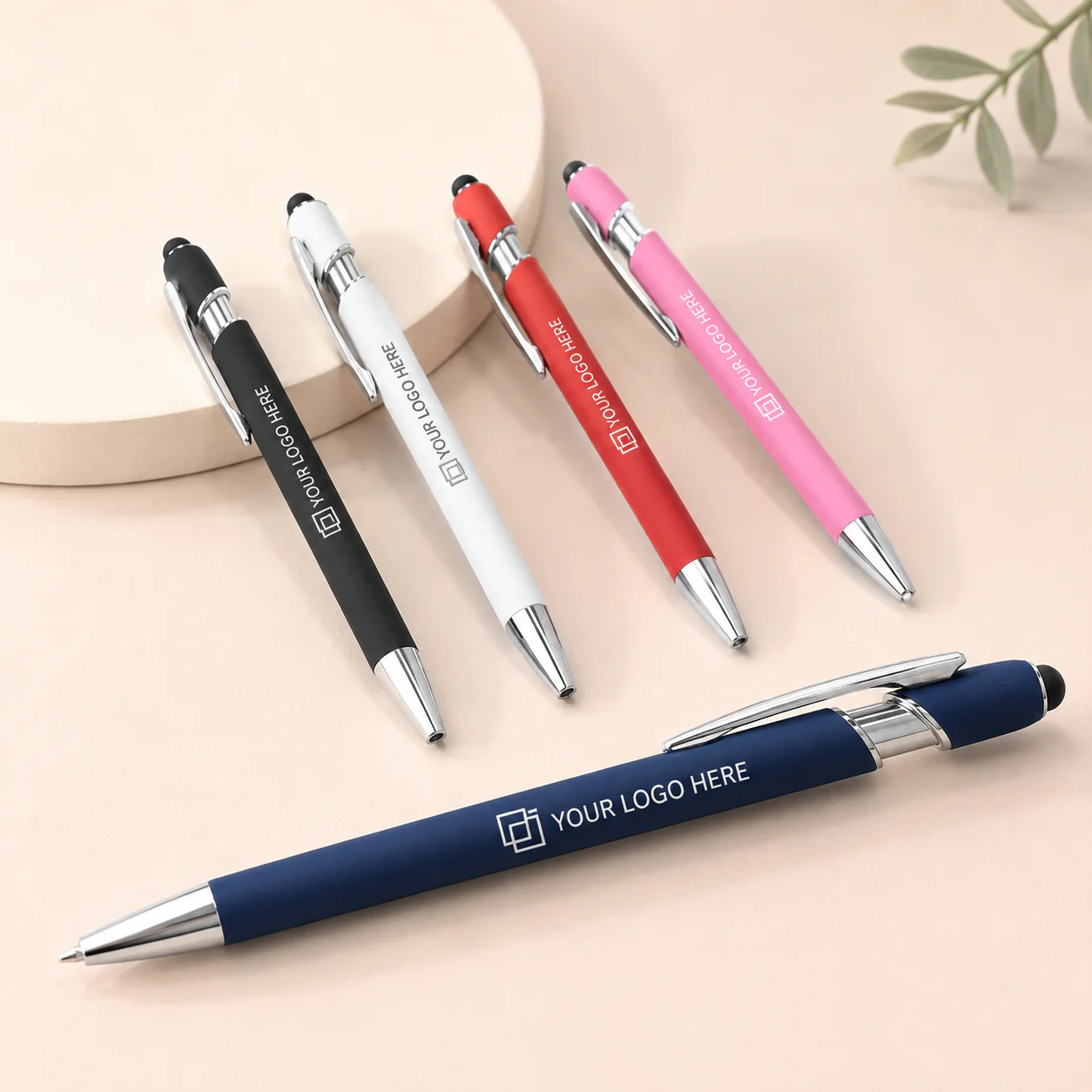 Custom metal stylus pens in black, white, red, pink, and blue