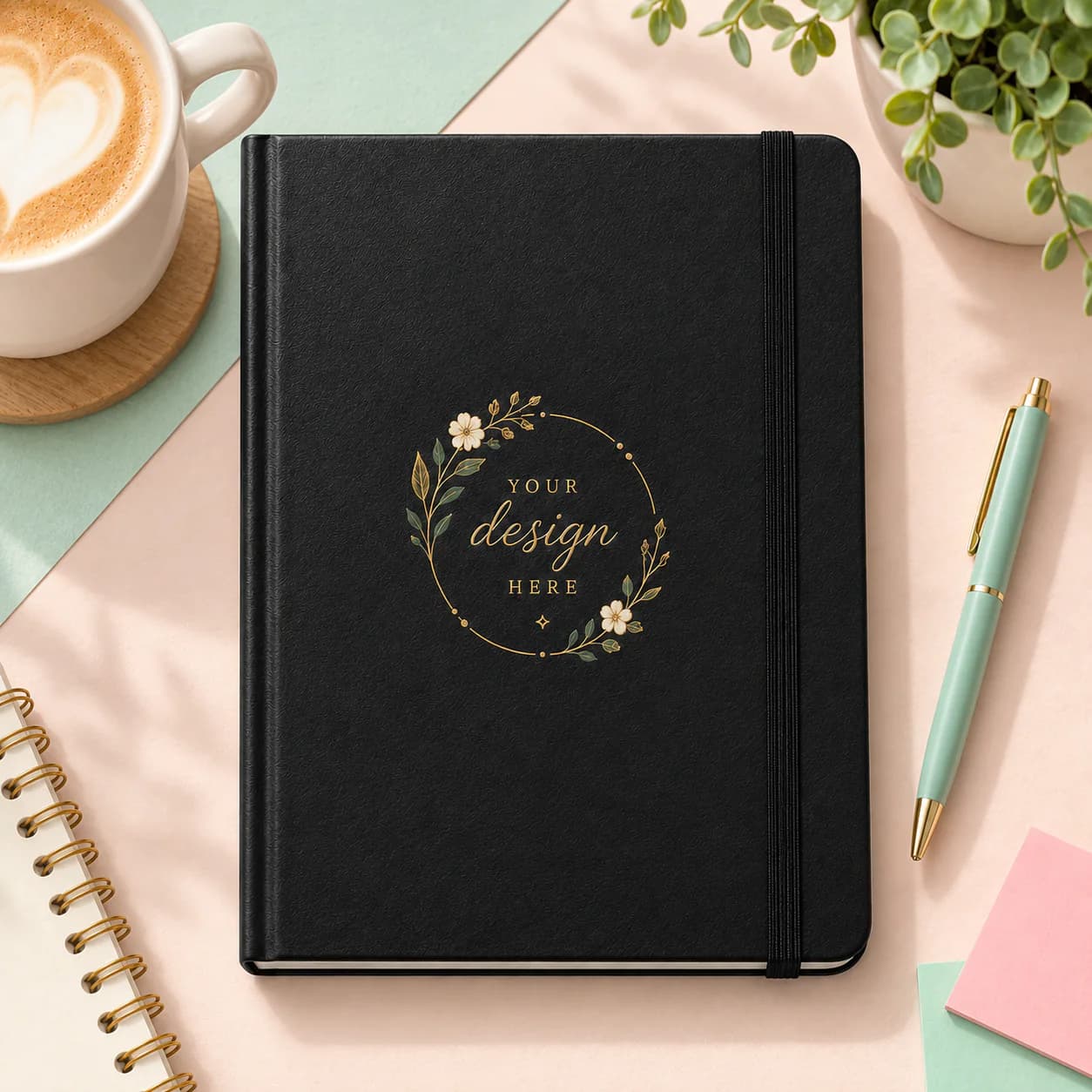 Personalized black hardcover notebook on a desk